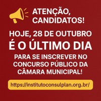 Último dia para inscrições no Concurso Público da Câmara Municipal de Piraquara